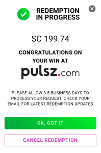 Redeeming cash prize at Pulsz